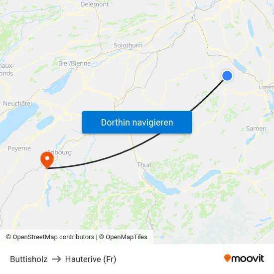 Buttisholz to Hauterive (Fr) map