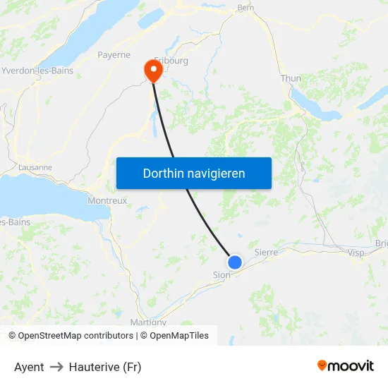 Ayent to Hauterive (Fr) map
