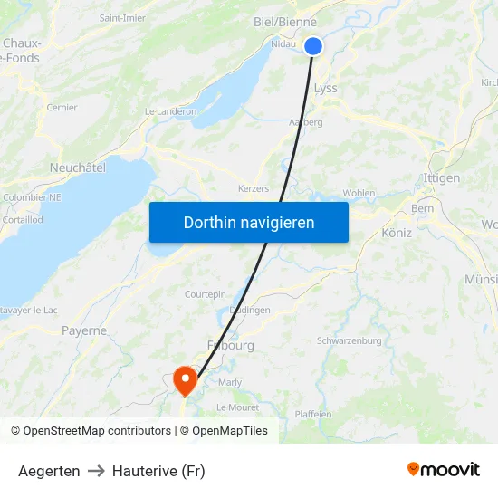 Aegerten to Hauterive (Fr) map