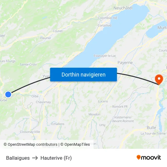Ballaigues to Hauterive (Fr) map