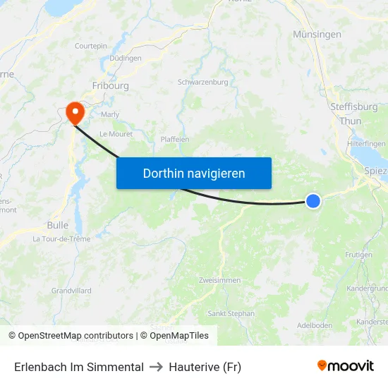 Erlenbach Im Simmental to Hauterive (Fr) map