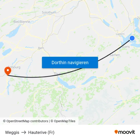 Weggis to Hauterive (Fr) map