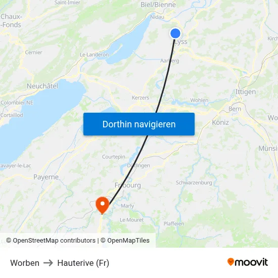 Worben to Hauterive (Fr) map