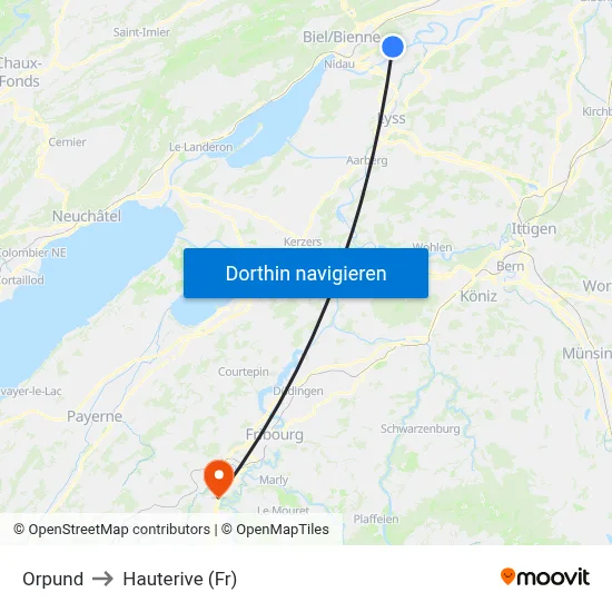 Orpund to Hauterive (Fr) map