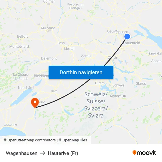 Wagenhausen to Hauterive (Fr) map