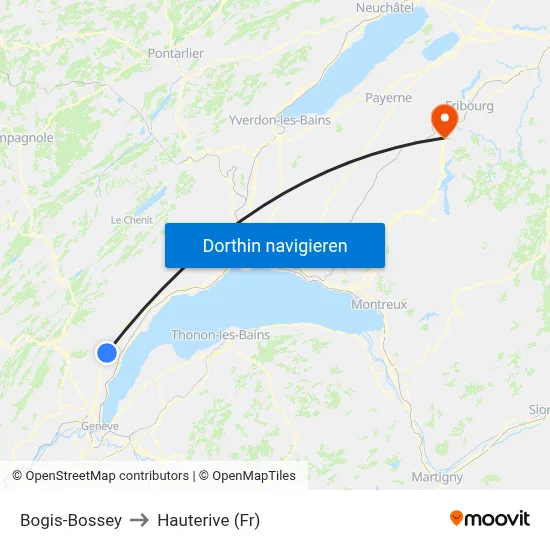 Bogis-Bossey to Hauterive (Fr) map