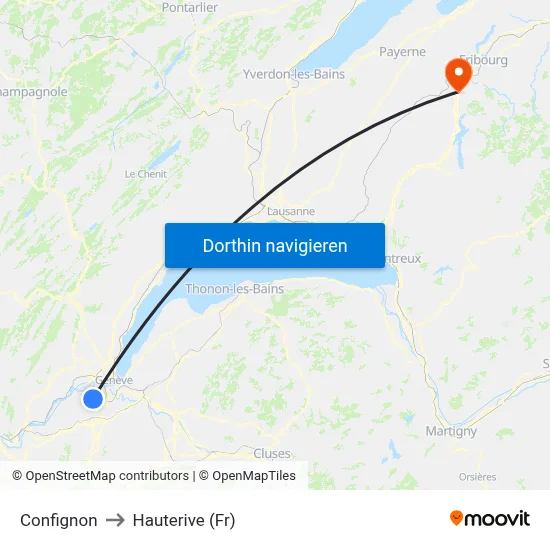 Confignon to Hauterive (Fr) map