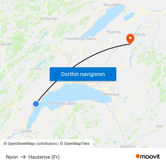 Nyon to Hauterive (Fr) map