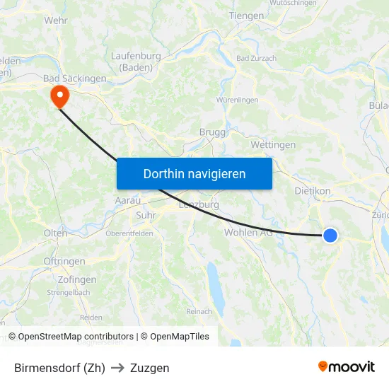 Birmensdorf (Zh) to Zuzgen map