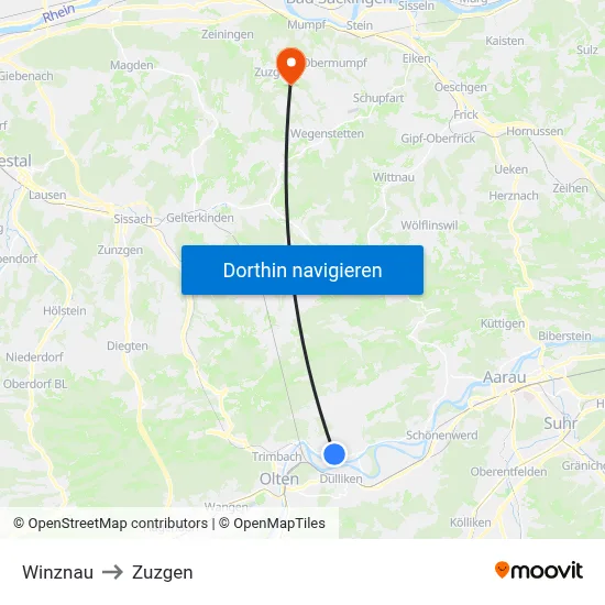 Winznau to Zuzgen map