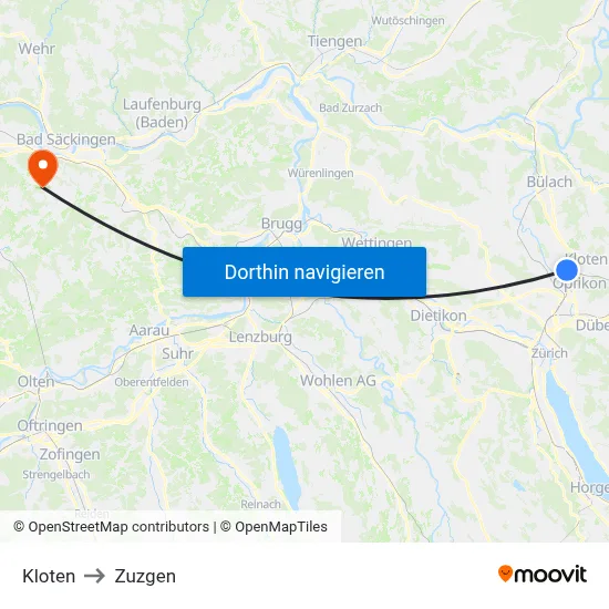 Kloten to Zuzgen map