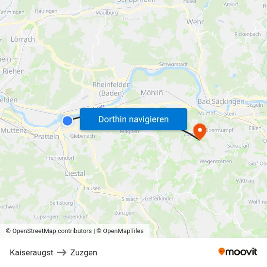 Kaiseraugst to Zuzgen map