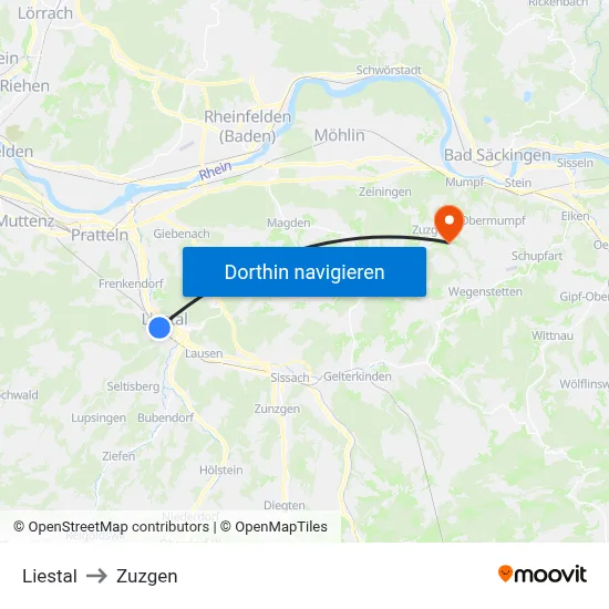 Liestal to Zuzgen map