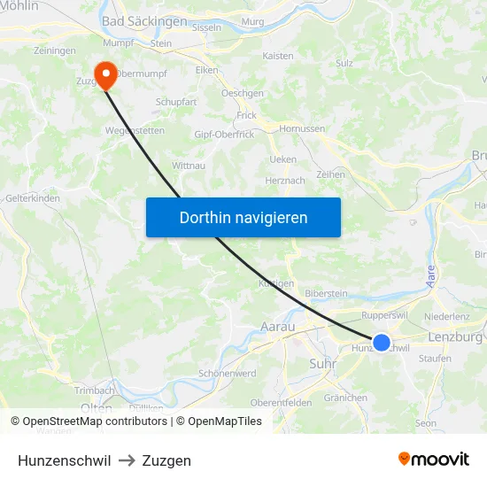 Hunzenschwil to Zuzgen map