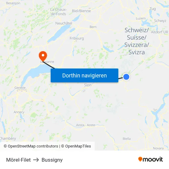 Mörel-Filet to Bussigny map