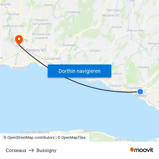 Corseaux to Bussigny map