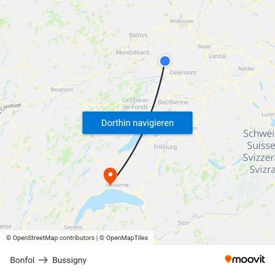 Bonfol to Bussigny map