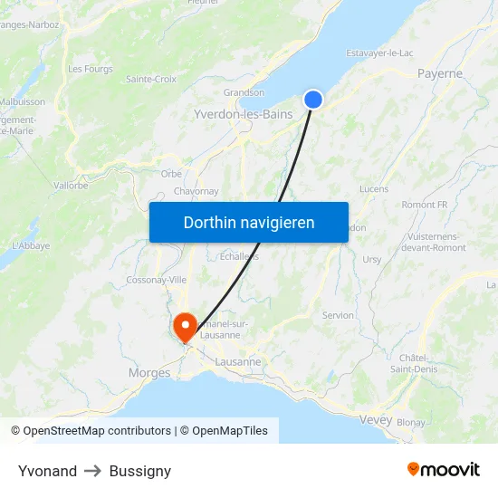 Yvonand to Bussigny map