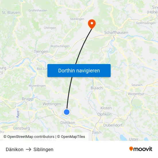 Dänikon to Siblingen map