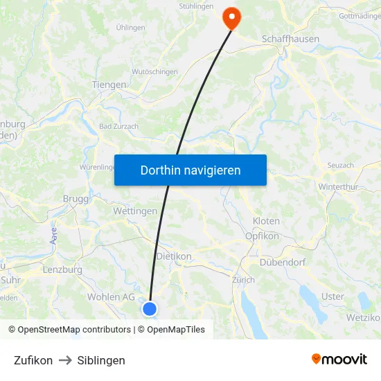 Zufikon to Siblingen map