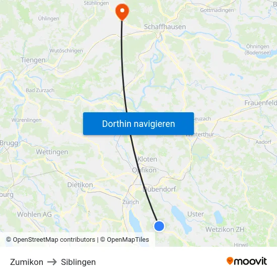 Zumikon to Siblingen map