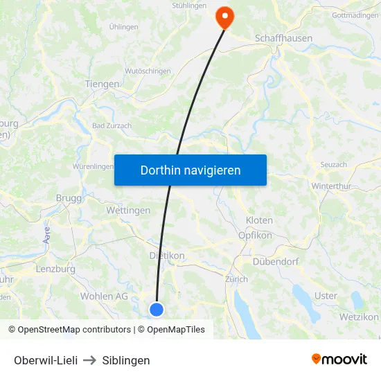 Oberwil-Lieli to Siblingen map