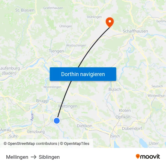 Mellingen to Siblingen map