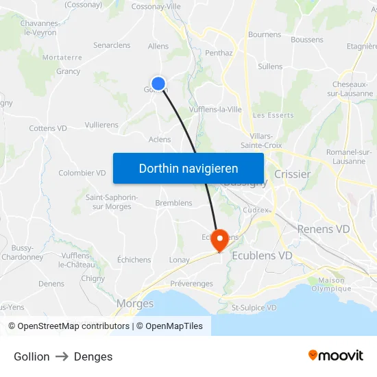 Gollion to Denges map