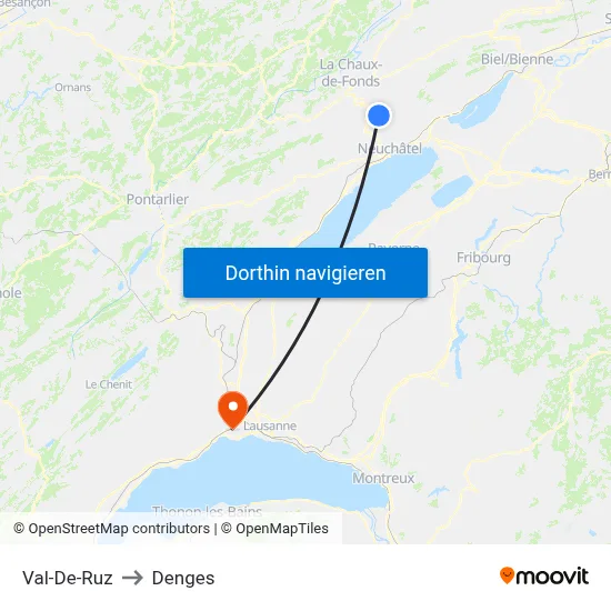 Val-De-Ruz to Denges map