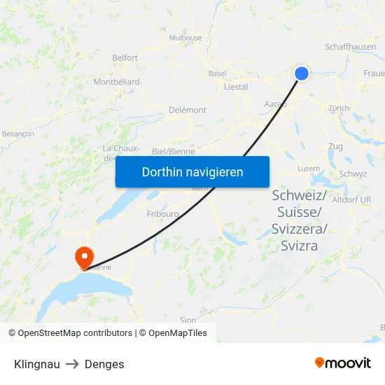Klingnau to Denges map