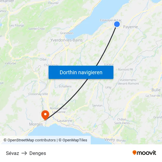 Sévaz to Denges map