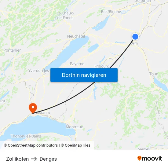 Zollikofen to Denges map