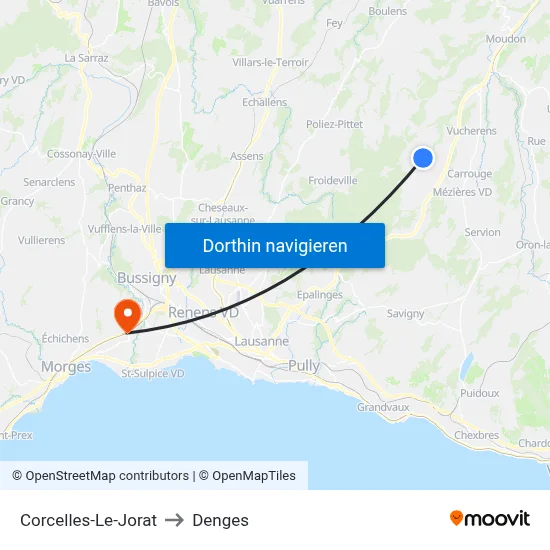 Corcelles-Le-Jorat to Denges map