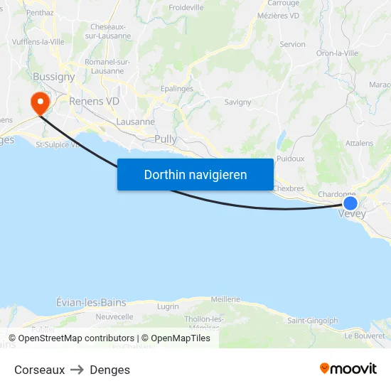 Corseaux to Denges map