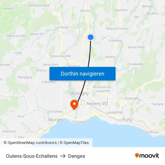 Oulens-Sous-Echallens to Denges map