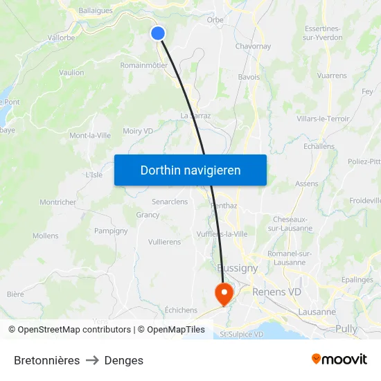 Bretonnières to Denges map