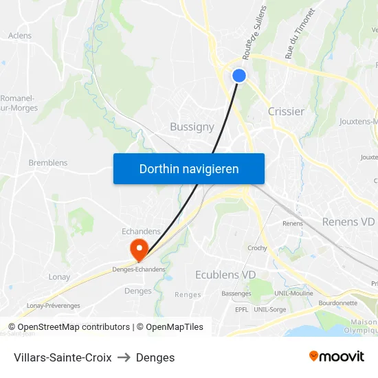 Villars-Sainte-Croix to Denges map