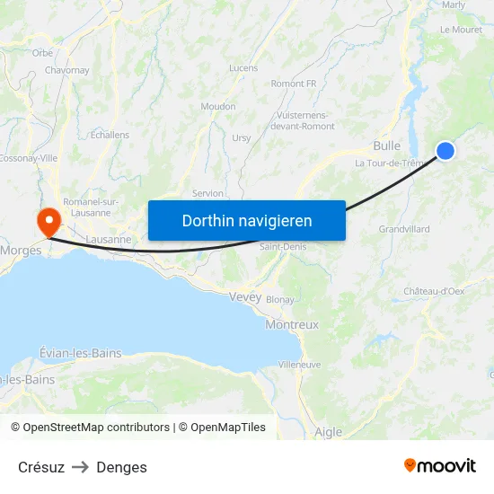 Crésuz to Denges map