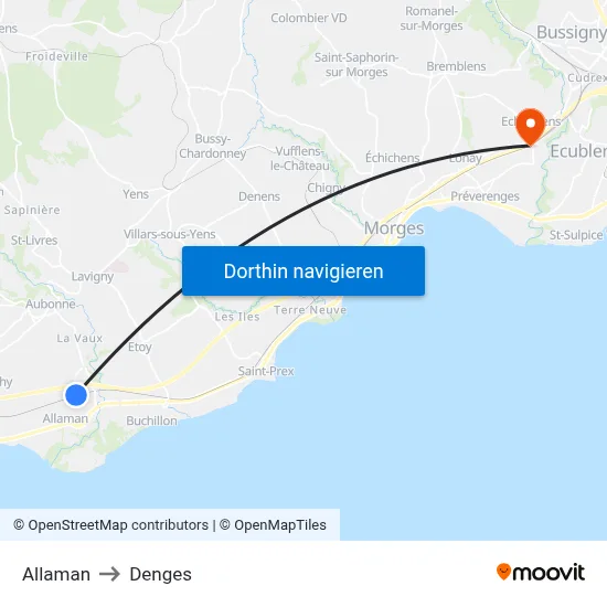 Allaman to Denges map