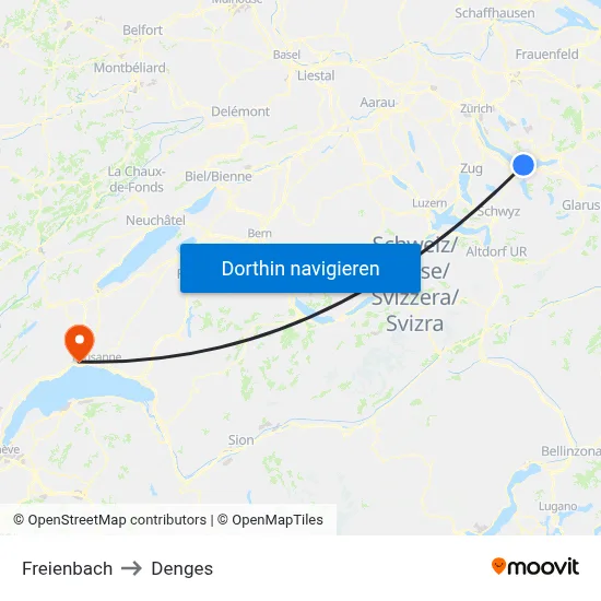 Freienbach to Denges map