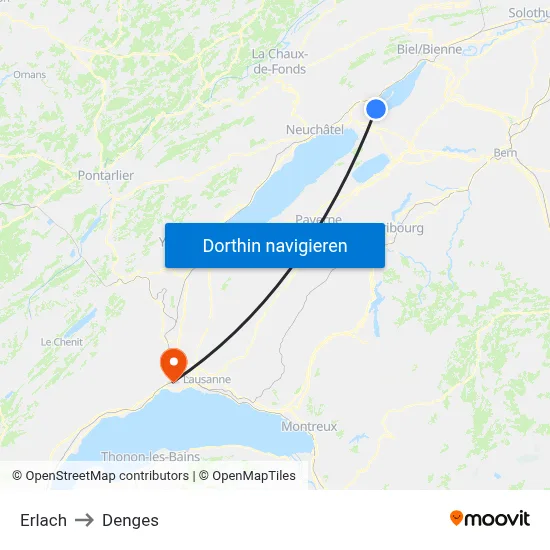 Erlach to Denges map