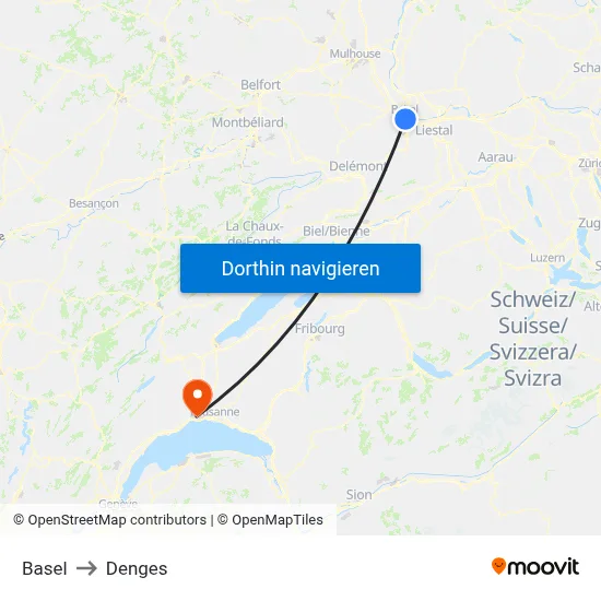 Basel to Denges map