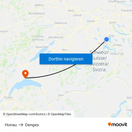 Honau to Denges map