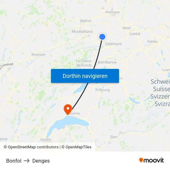 Bonfol to Denges map