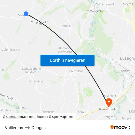 Vullierens to Denges map