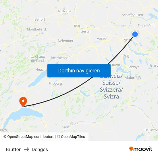 Brütten to Denges map