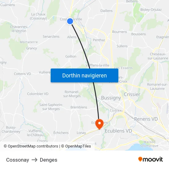 Cossonay to Denges map