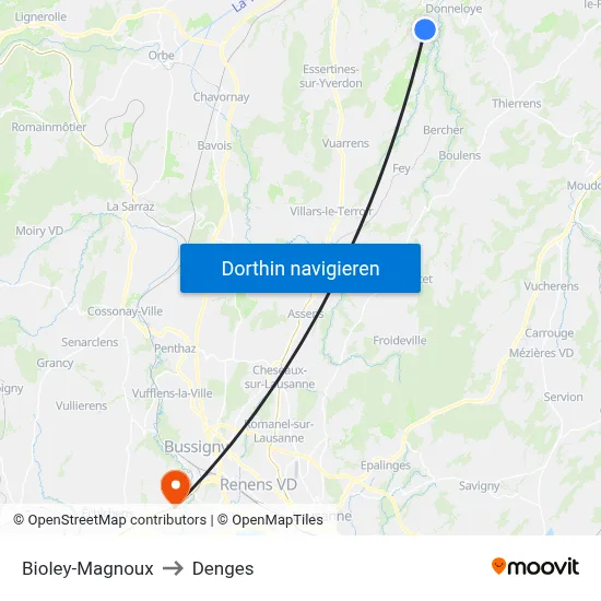 Bioley-Magnoux to Denges map