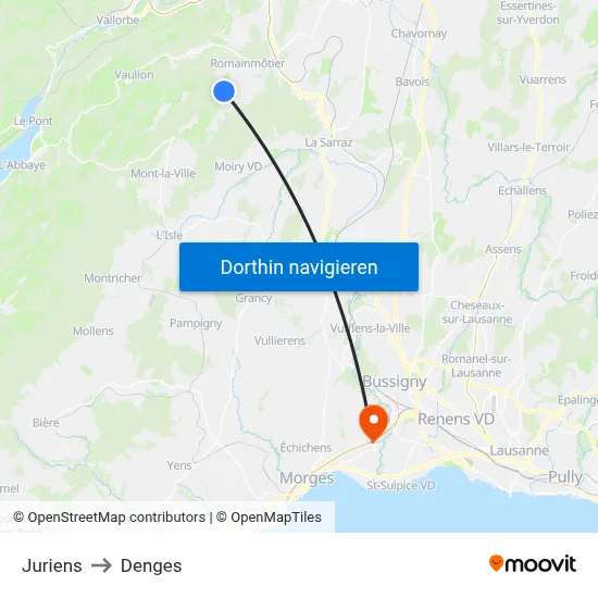 Juriens to Denges map