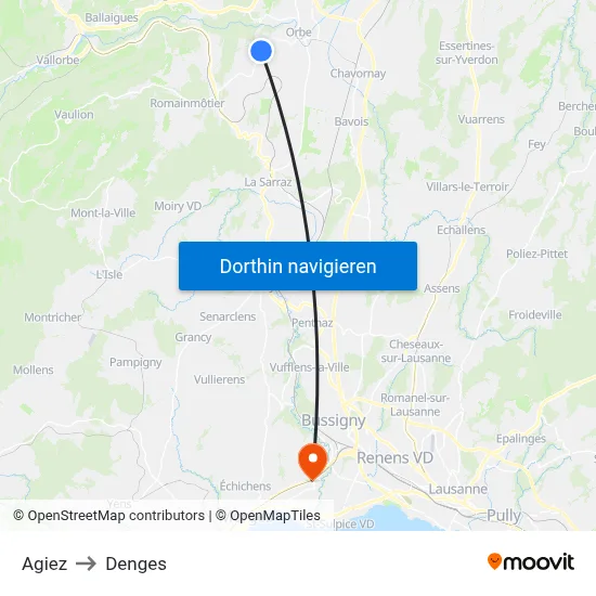 Agiez to Denges map